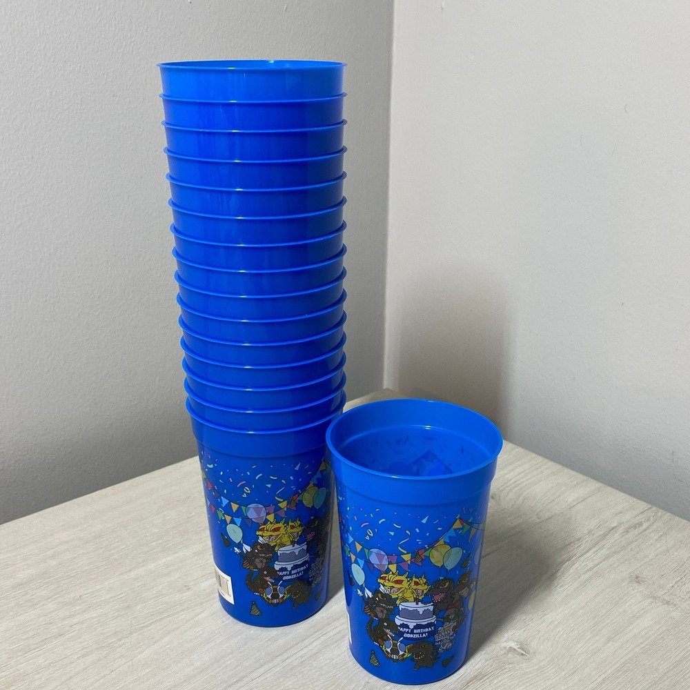 Godzilla Happy Birthday Blue Plastic Stadium Cups 16 Pack Kaiju Party Favors
